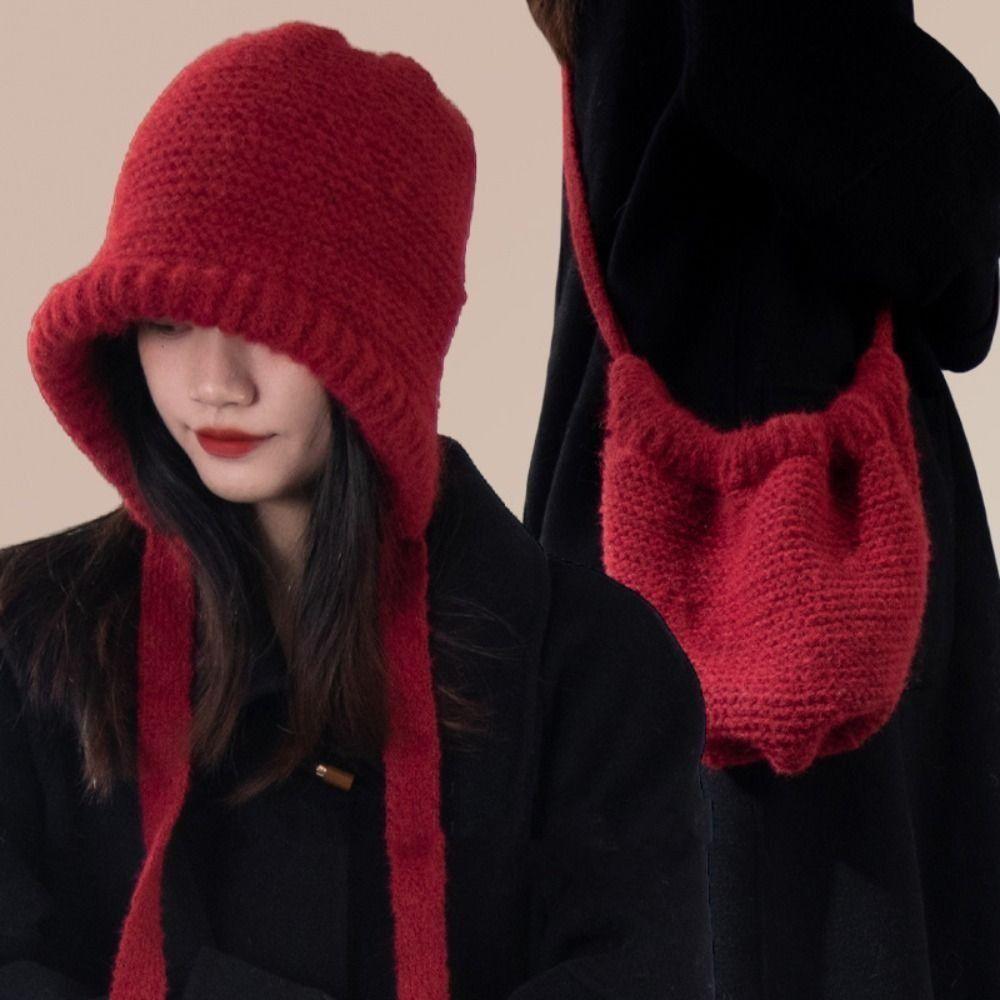 Hand-crocheted Drawstring Bag-Hat New Design Knitted Pullover Beanie Hat Crossbody Bag Hat Lady