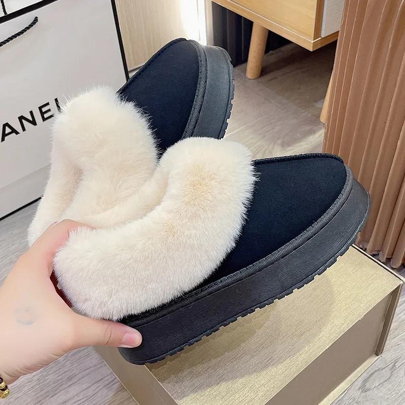 Fashion Winter Warm Thicken Plush Chunky Platform Cotton Slippers Women Flat Heels Fur Slippers Woman New Faux Suede Fluffy Shoes 1308