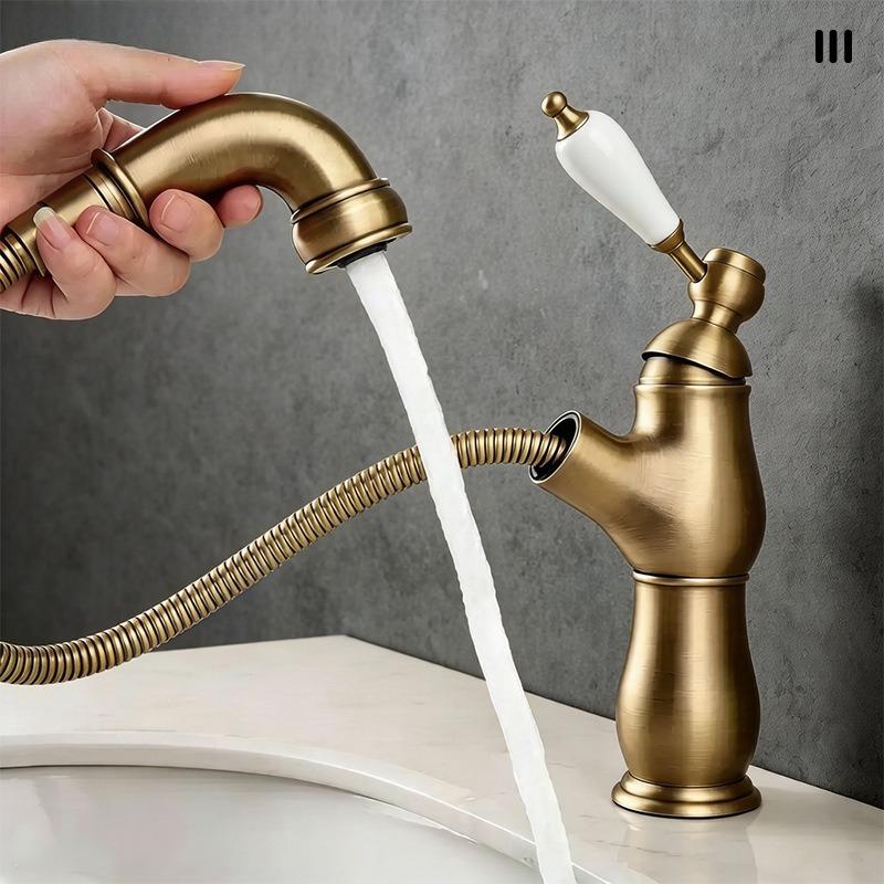 Retro brass pull-out faucet with single-hole cold and hot water spout