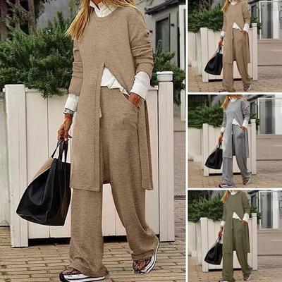 Стильная блузка с разрезом, широкие брюки, туника с длинными рукавами и круглым вырезом, верхняя одежда для зимы и осени