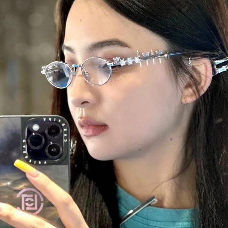 Retro Metal Oval Inlaid Diamond Gm Glasses Trendy High-End Small Frame Round Face Myopia With Degree Frame