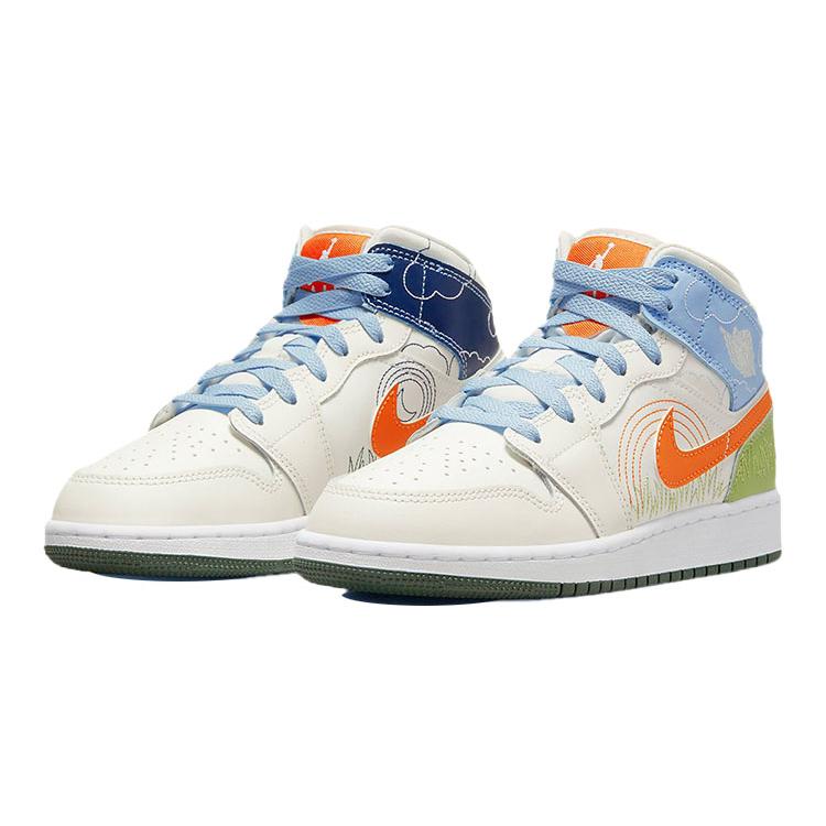 Air Jordan 1 Mid SE Grade School 'Stitch' (Unisex) Sail / Psychic Blue / Vivid Green / Safety Orange Kids' Basketball Shoes DX2462 100