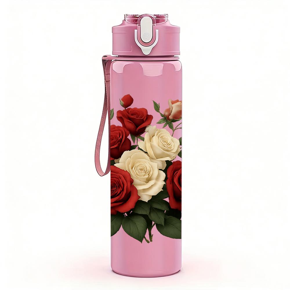 1PC Red White Rose Bouquet 750ml Color Plastic Sports Water Bottle Leakproof Flip Straw Lid For Sports Office Home Use