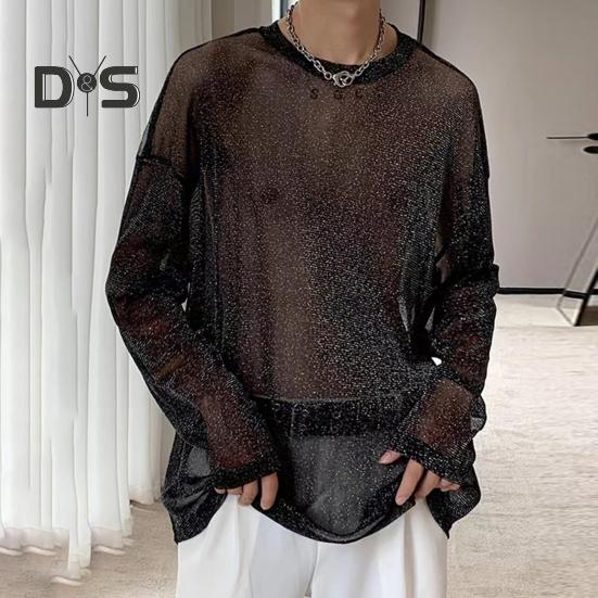 Men Mesh Top Thin See-through Shiny Sequin Mesh O Neck Long Sleeves Solid Color Stretchy Loose Fit Muscle-Enhancing Party Homewear Club Dance