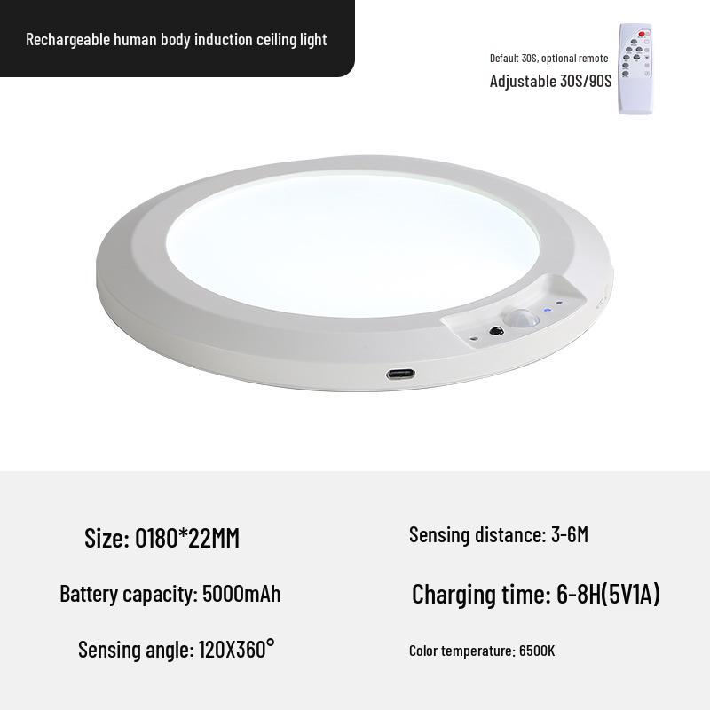 Wireless LED Ceiling Light with Motion Sensor & Remote, USB Rechargeable for Hallway, Cloakroom, or Balcony.