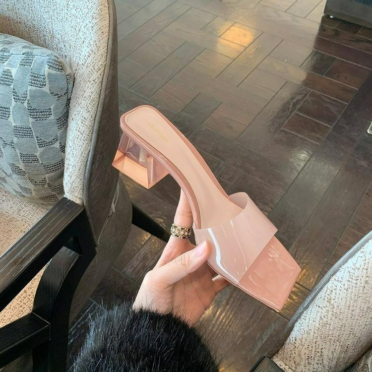Тапочки с квадратной головой и прозрачным толстым каблуком в стиле феи ветра, женские модели 2025 года с юбками, пляжные классные тапочки