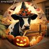 2D Flat 1pc Wooden Halloween Vintage Decorative Sign,Cow with Witch Hat and Pumpkin Pattern Design, Wall Hanging Decor,Ideal Halloween Festive Gift