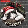 2d Flat Christmas Welcome Sign - 20x20 Cm, Wooden Round Hanging Decoration with Sleeping Cat Design, Perfect for Wreath Accents, New
