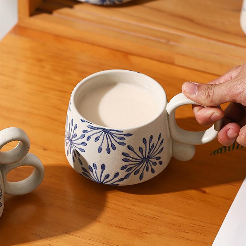 Ceramic Latte Mug Porcelain Coffee Cups with Handle Boho Drinking Cup for Men Women Office Work Daily Use Drinkware Gift