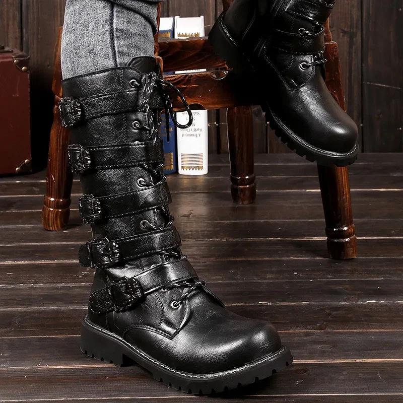 Winter Men Motorcycle Boots Fashion Mid-Calf Punk Rock Punk Shoes Mens PU Leather Black High Top Casual Boot Man
