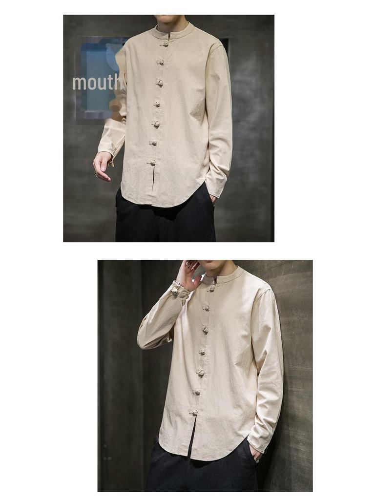 Мужская повседневная рубашка из хлопка и льна в китайском стиле 2023 года — большой размер, однотонная, на пуговицах, коллекция весна/лето