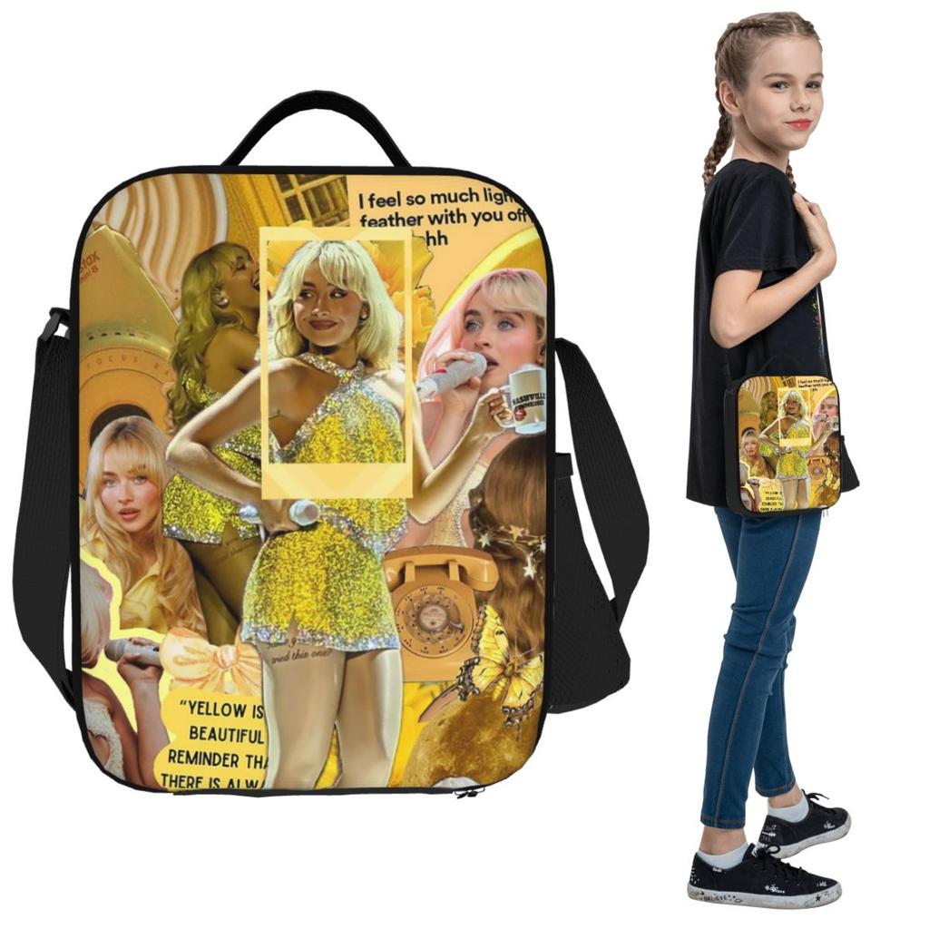 Free Yellow Sabrina Carpenter Insulated Lunch Bag for Kids School Cooler Thermal Food Box Tote Leakproof Lunch Boxes Container