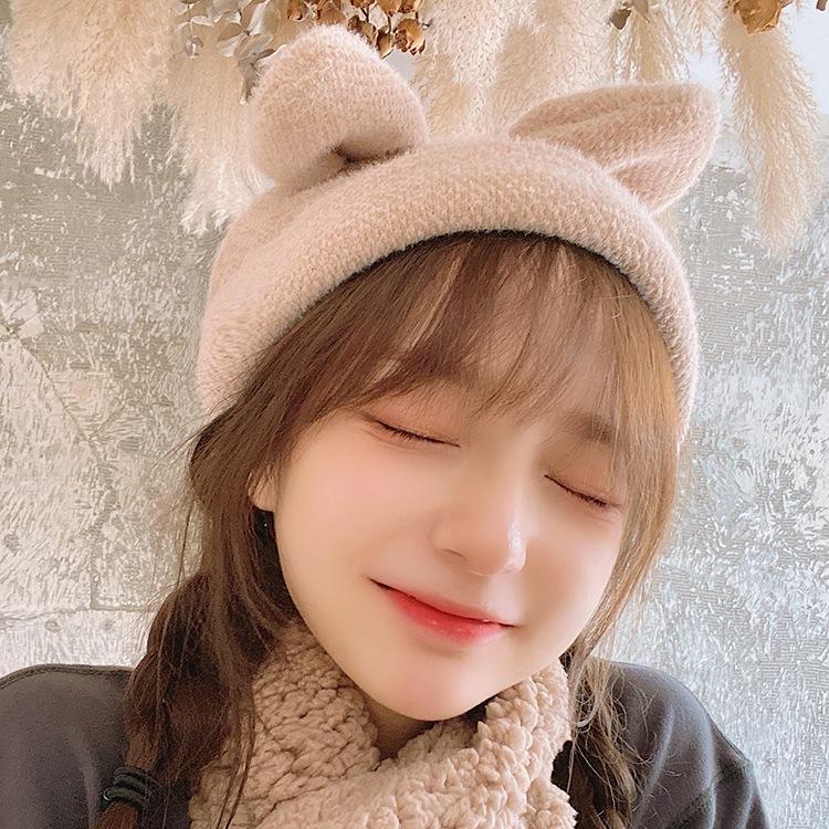 Универсальная милая шапка с ушками кролика, теплая зимняя шапка для девочек, студентов-художников, плюшевый берет