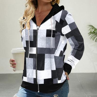 Осенние женские толстовки Модная клетчатая куртка-кардиган на молнии Обычная посадка Длинные рукава Повседневное пальто с капюшоном Весна Осень