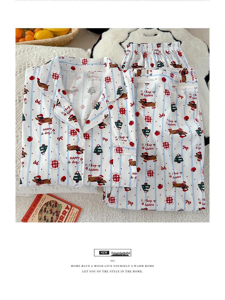 Мультяшный Дачхунд в горошек и полоску Женский пижамный комплект - С коротким рукавом, в корейском стиле, Домашняя одежда из трех предметов.