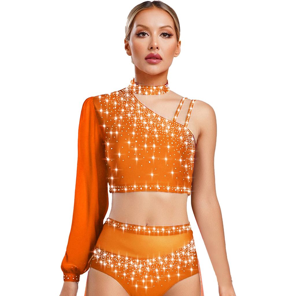 Womens Lyrical Dance Top Asymmetrical Sheer Mesh Long Sleeve Shiny Colorful Rhinestone Crop Top