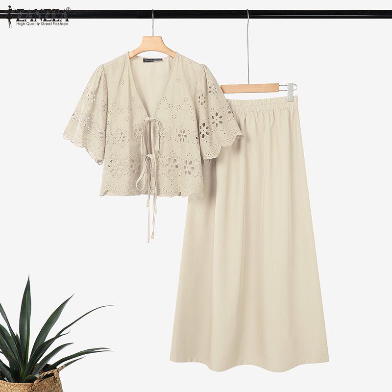 ZANZEA Женская блузка крючком с коротким рукавом и юбки Летние костюмы-двойки