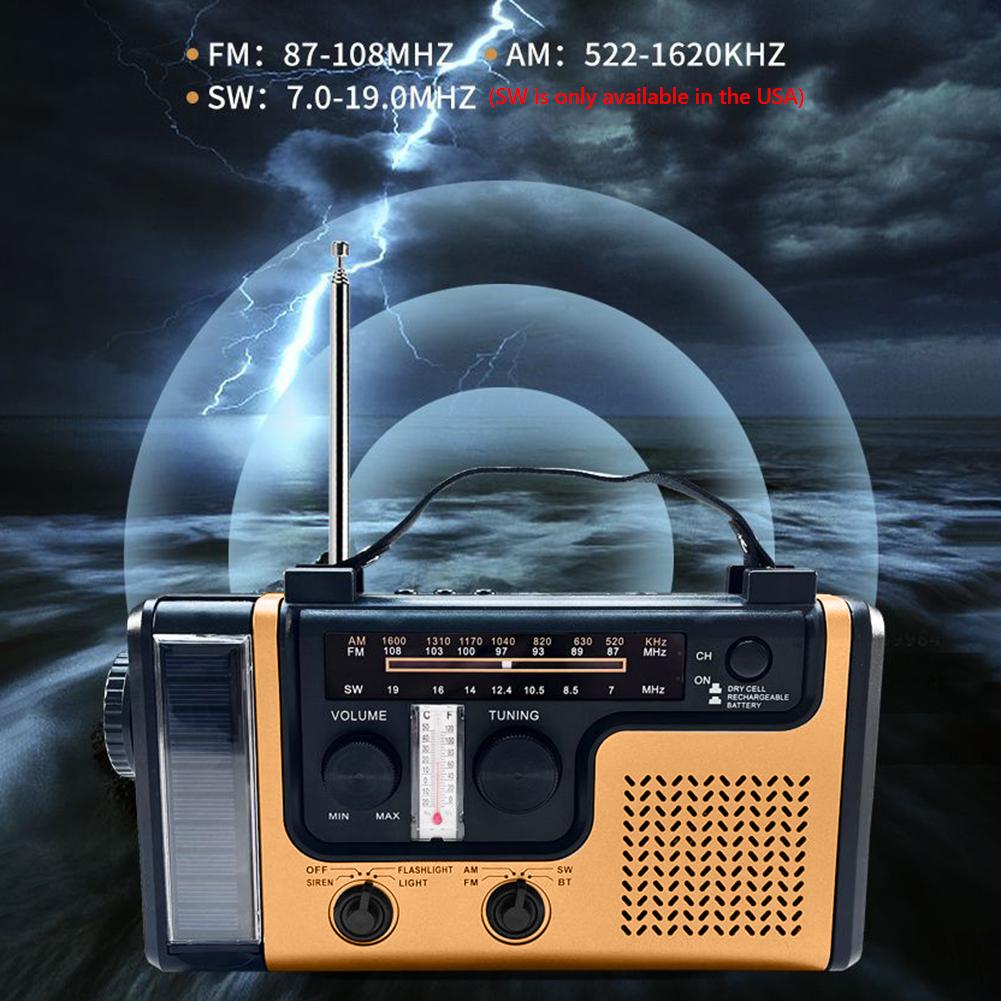 AM FM SW Hand Crank Radio SOS Alarm Bluetooth-compatible Solar Hand Crank Radio LED Flashlight USB Chargiing for Outdoor Camping