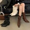 Роскошные и благородные, ботильоны с острым носком и плиссировкой, 2025 новинка, европейский и американский универсальный эластичный тонкий средний голенище, ботфорты с эффектом наслоения, женские