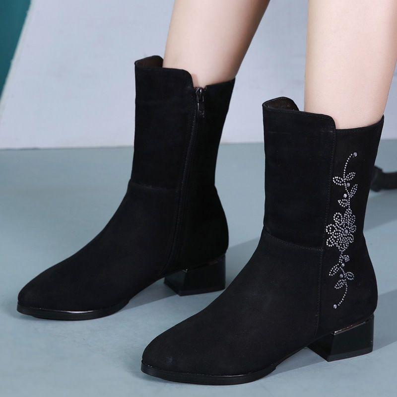 Модные полусапоги на среднем каблуке с флисовой подкладкой для женщин Зимние ботинки до середины икры со стразами Женские 2025 Новинка Y2k Косплей Новые Рок-ботинки