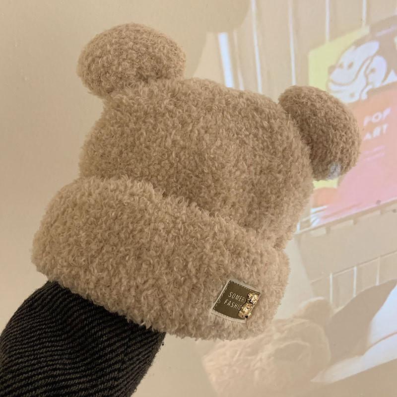 Женская модная плюшевая шапка с медведем, мягкая вязаная и теплая зимняя шапка