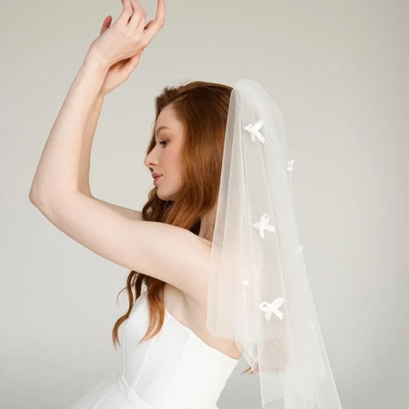 Элегантная короткая свадебная фата с гребнем Белая тюлевая фата для невесты с украшением в виде банта Головные уборы для свадебной вечеринки