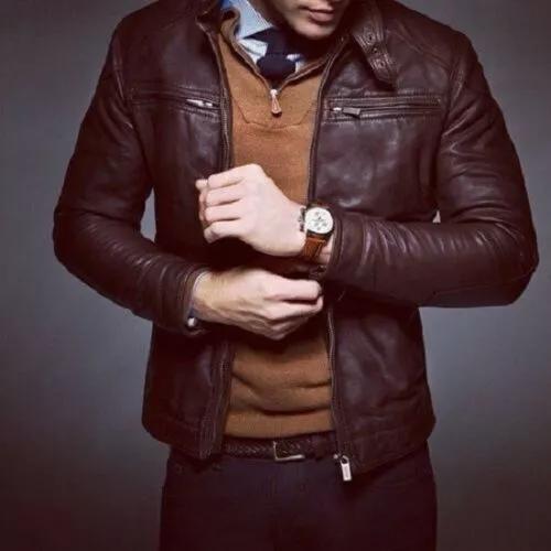 Коричневая мужская куртка из натуральной овчины, праздничная, ручной работы, байкерская, мотоциклетная