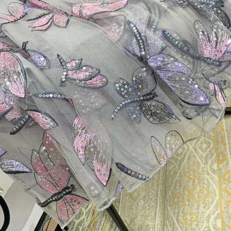 Heavy Industry Sequin Embroidery Women's Skirt Draped Mesh Skirt Medium Length Fashion Solid Color Versatile Pleated A-line Super Fairy Skirts