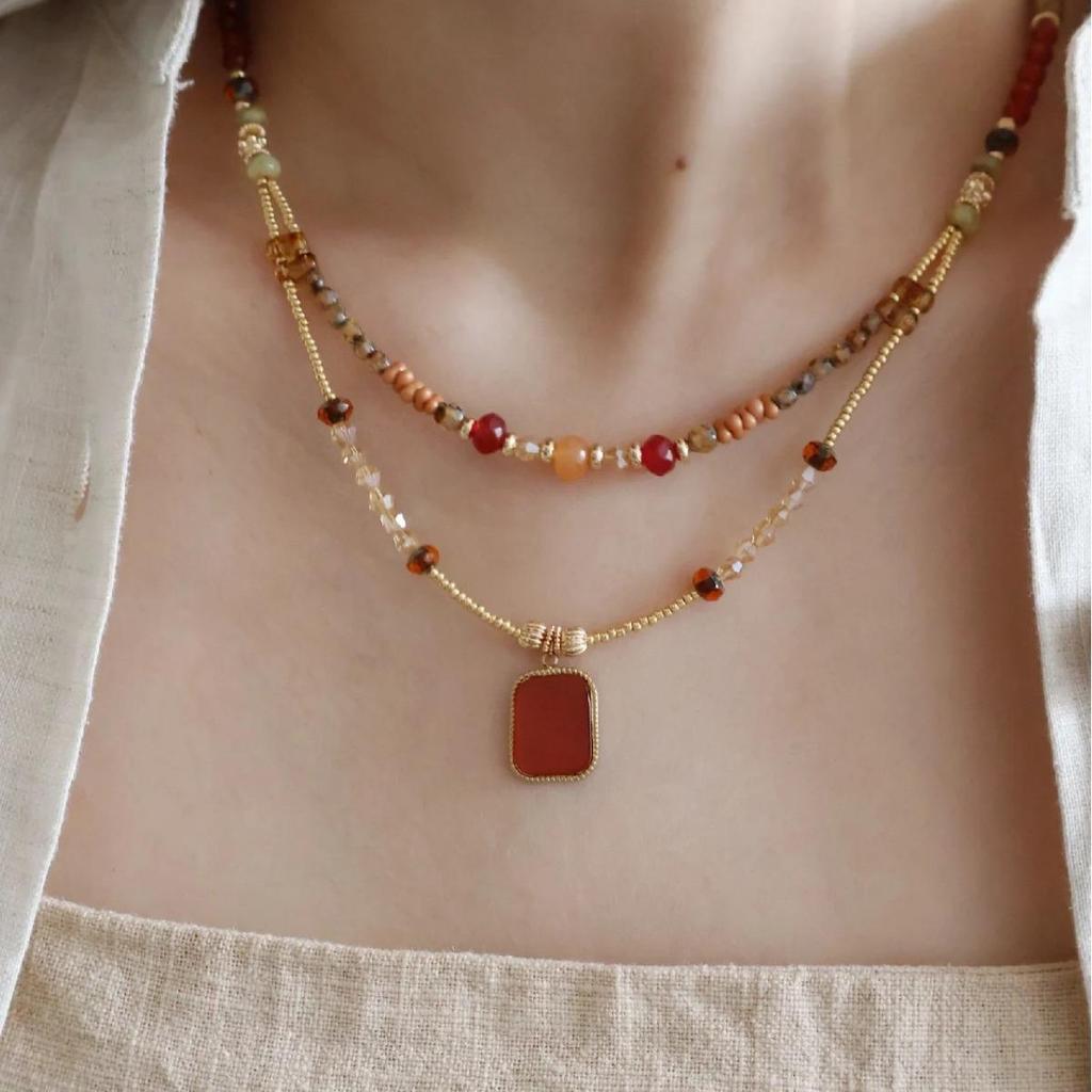 Роскошное хрустальное колье из агата и жемчуга - Этническая цепочка для ключицы