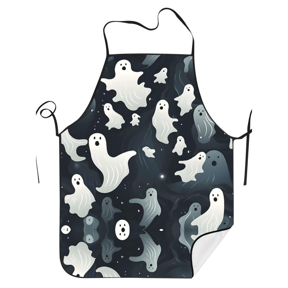 Spooky Ghost Halloween Cooking Apron Adjustable Vintage Style Black with White Ghosts and Pumpkins Design, Perfect for Home