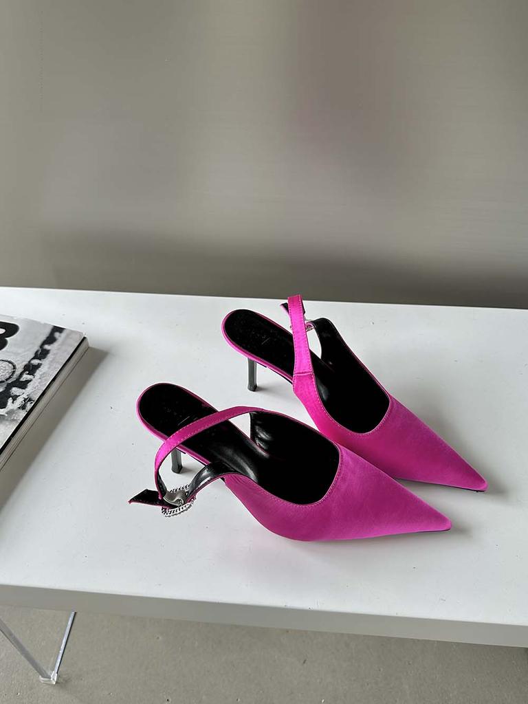 Модные женские босоножки с острым носком, летние туфли, тонкие высокие каблуки, ремешок сзади, стразы, пряжка, сексуальные шлепанцы, розовые, бежевые, черные, 35-39