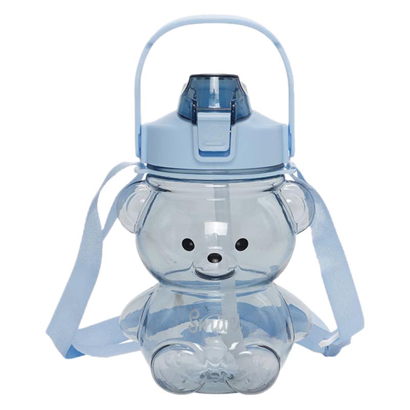 Cute Bear Portable Water Bottle with Straw - Large Capacity Cartoon Design for Kids Students Sports