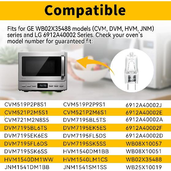 8-Pack 130V 50W Halogen Microwave Oven Light Bulbs, Compatible with GE Microwave Oven Models CVM, DVM, HVM, JNM Series - Replaces WB02X35488,