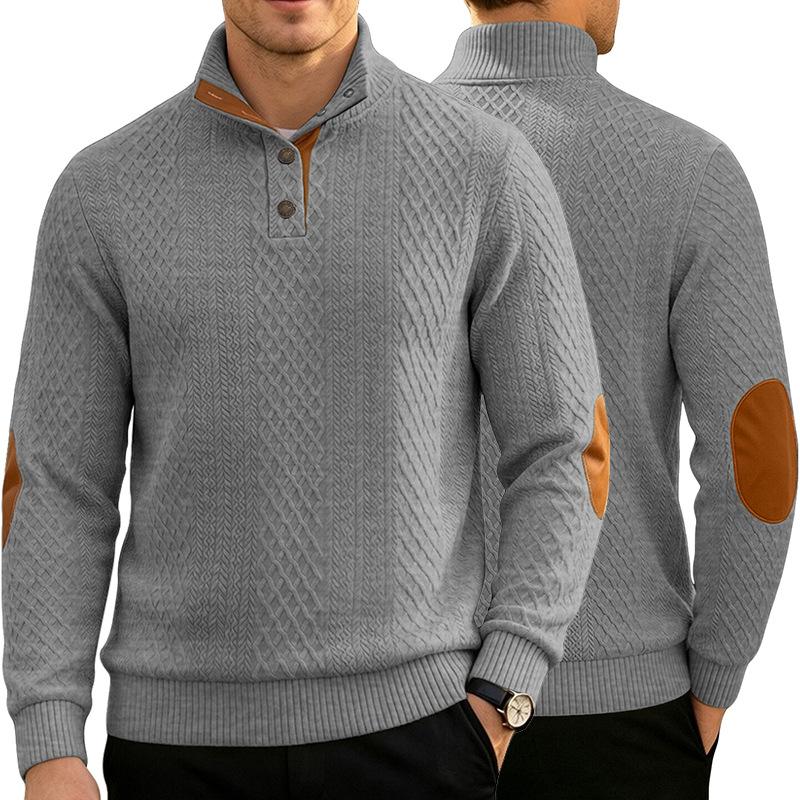 Wish Men's Textured Jacquard Stand Collar Long Sleeve Top Color Block Placket Elbow Patch American Sweatshirt
