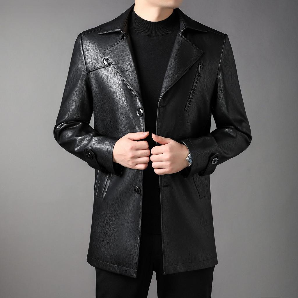 New Genuine Leather Men's Mid-length Windbreaker Leather Coat, Trendy and Handsome Suit Collar Jacket for Young and Middle-aged People