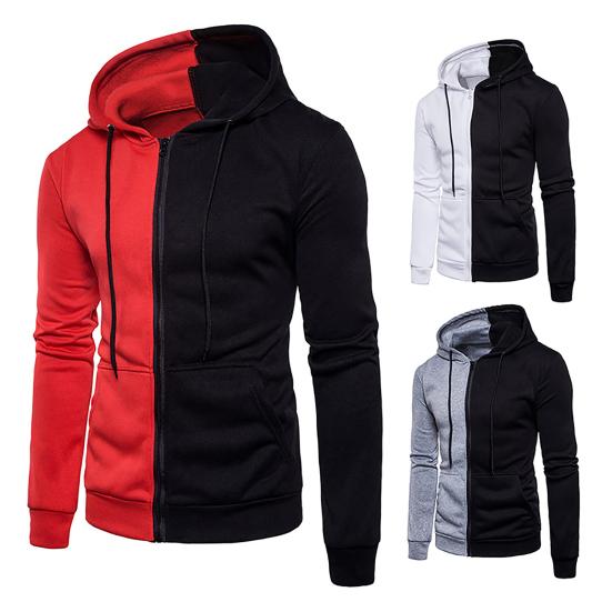Hooded Zipper Closure Men Jacket Patchwork Long Sleeve Drawstring Side Pockets Sweatshirt Male Clothing