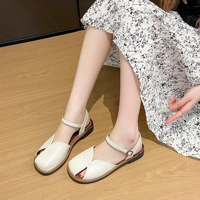 Fashion Women's Low Heel Sandals Open Toe Summer Fashion French Style with Buckle Design Rubber Outsole Breathable Summer Footwear