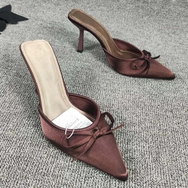 Новые туфли на высоком каблуке с бантом женские туфли-мюли с острым носком сексуальные летние платья вечерние босоножки на шпильках женские шлепанцы трендовые туфли-лодочки