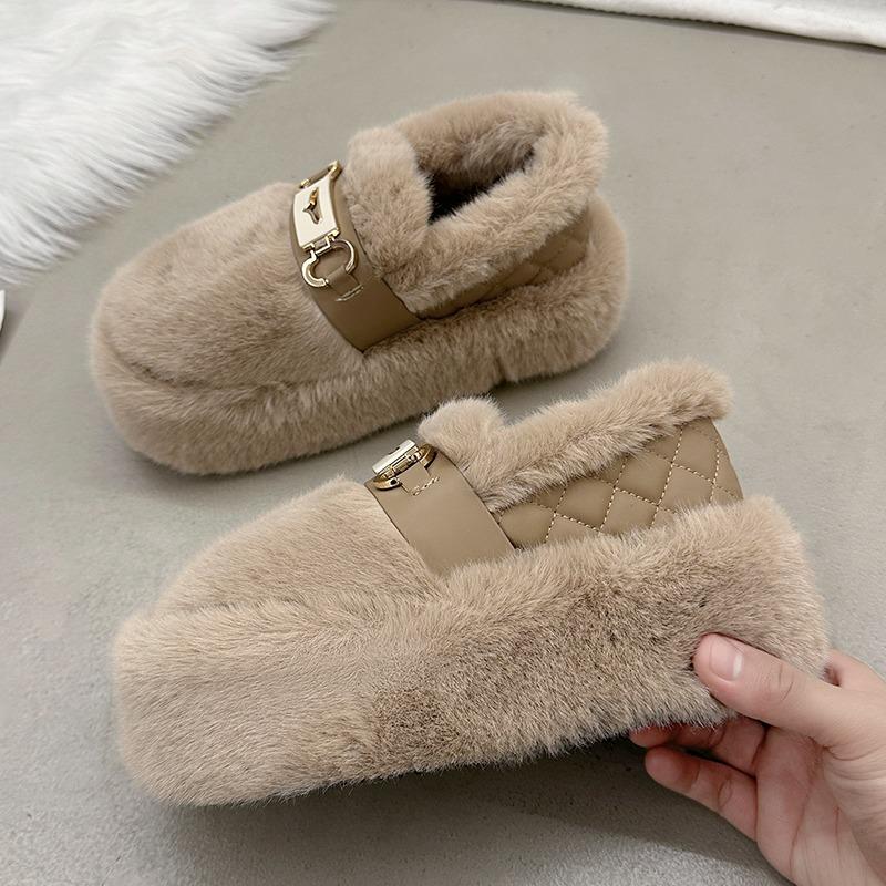 Женская обувь на платформе из меха и хлопка, зимние мокасины на плоской подошве, зимние теплые плюшевые туфли на высоком каблуке, тренд 2025 года, новые повседневные прогулочные ботинки для женщин
