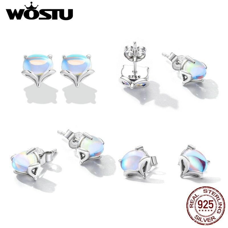 WOSTU 925 Sterling Silver Animals Moonstone Cute Fox Stud Earrings For Women Fashion Party Jewelry Gift