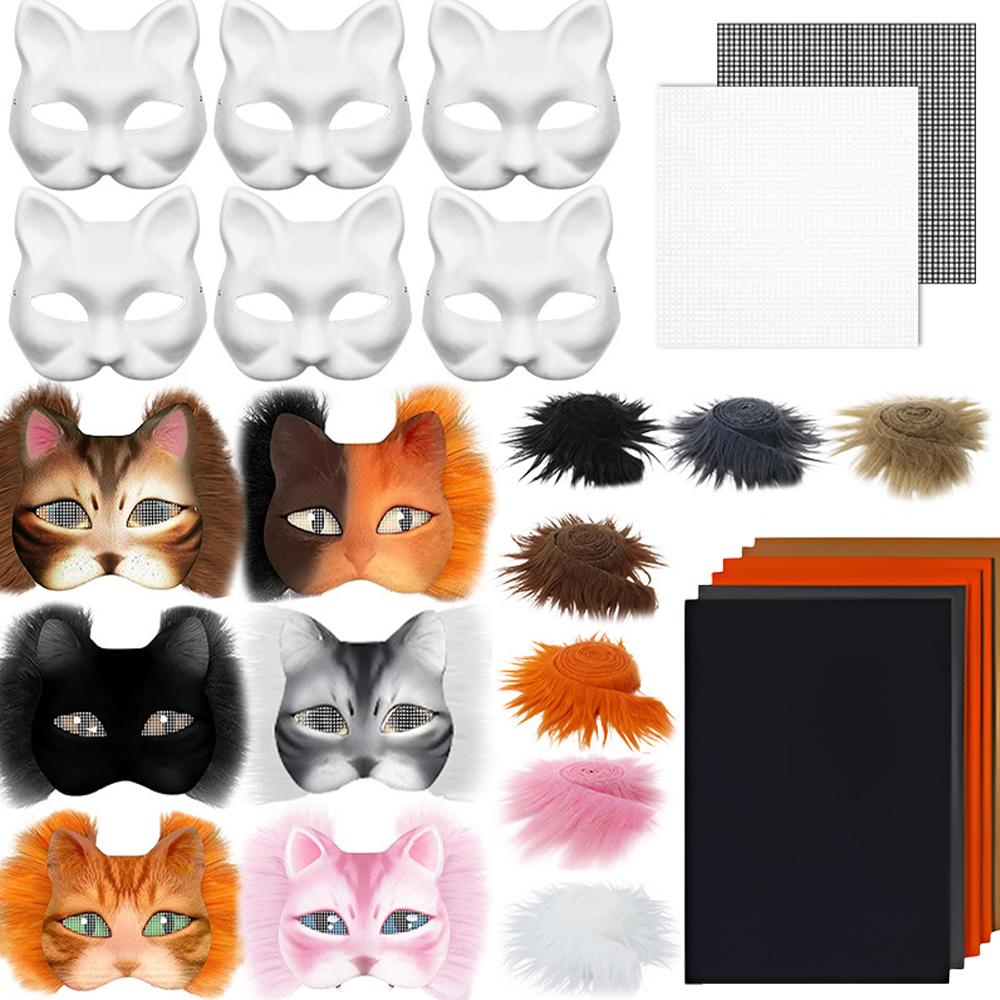 DIY Blank Masks Kit Half Face Hand Drawn Animal Cat Fox Mask DIY Handmade Graffiti Half Face Mask Party Halloween Christmas Gift