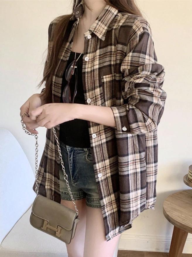 Women's Retro Plaid Long-Sleeve Mid-Length Shirt-Jacket