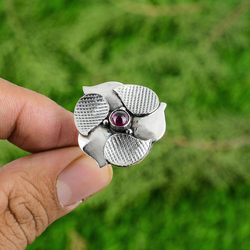 Gift For Her 925 Silver Natural Pink Tourmaline Stackable Flower Adjustable Ring
