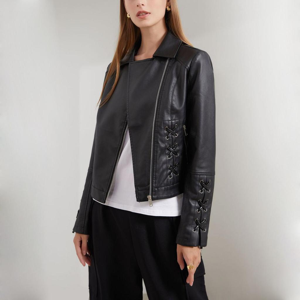 Женская асимметричная укороченная куртка из искусственной кожи на молнии из искусственной кожи, байкерское короткое пальто, тонкая верхняя одежда, винтажная укороченная куртка со шнуровкой, мотоциклетный бомбер, осень-весна, новинка