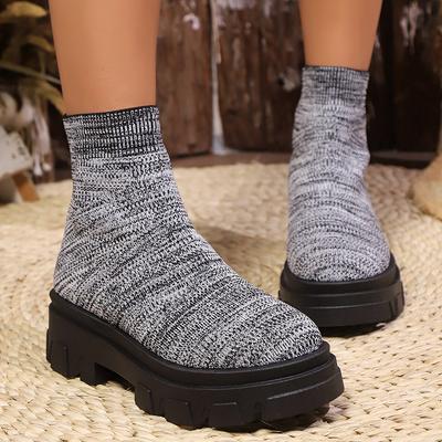 Модные вязаные ботинки на платформе для женщин Осень Зима Высокие повседневные носки-туфли Женские на толстой подошве Нескользящие ботильоны Женские