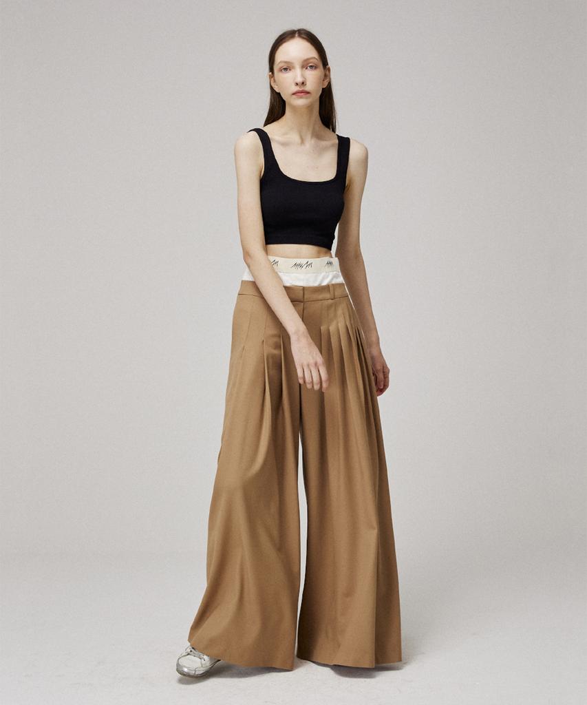 Meuameu Signature Unbalance Pin Tuck Logo Band Flare Slacks