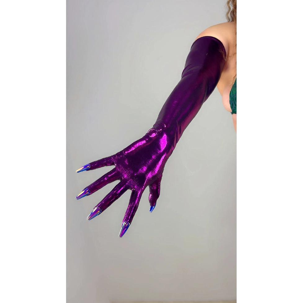 ГОЛОГРАФИЧЕСКИЕ Лазерные ПЕРЧАТКИ ДЛЯ НОГТЕЙ Металлические Блестящие Синие Сенсорные 70СМ Длинные ТЕХНОлогичные Тонкие Эластичные Холо Вечерние Перчатки с Ногтями