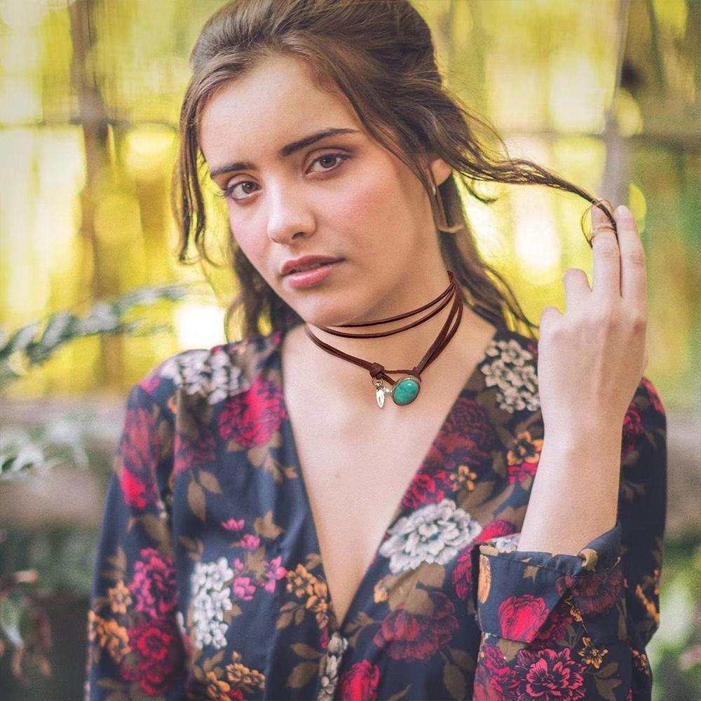 Кожаный шнурок Бирюзовое ожерелье-подвеска Винтажное ретро ожерелье Модная этническая бижутерия для женщин