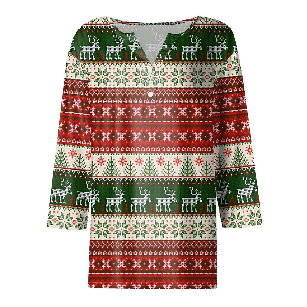 Women's T Shirt Tee Christmas Print Button 3/4 Sleeve Daily Weekend Fashion Basic V Neck Regular Top