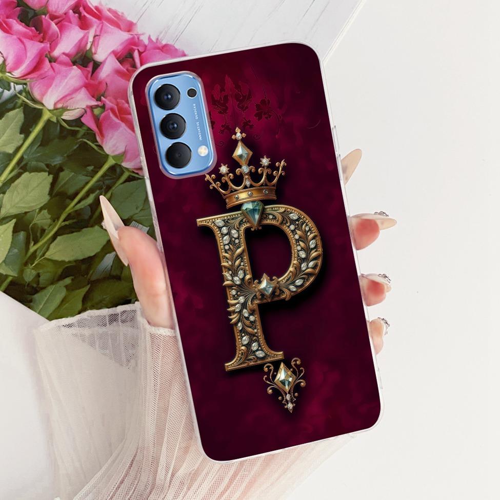 Transparent For Oppo Reno4 4G Case CPH2113 Luxury Crown A-Z Letters 2D Flat Pattern Soft Bumper For Oppo Reno 4 4G Phone Case